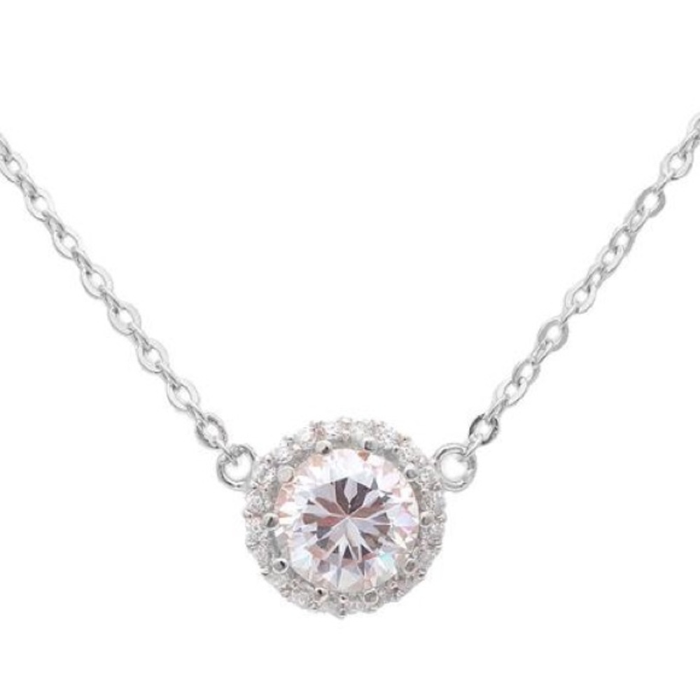 Sterling Silver Cz Halo Solitaire Necklace - Picture 3 of 8